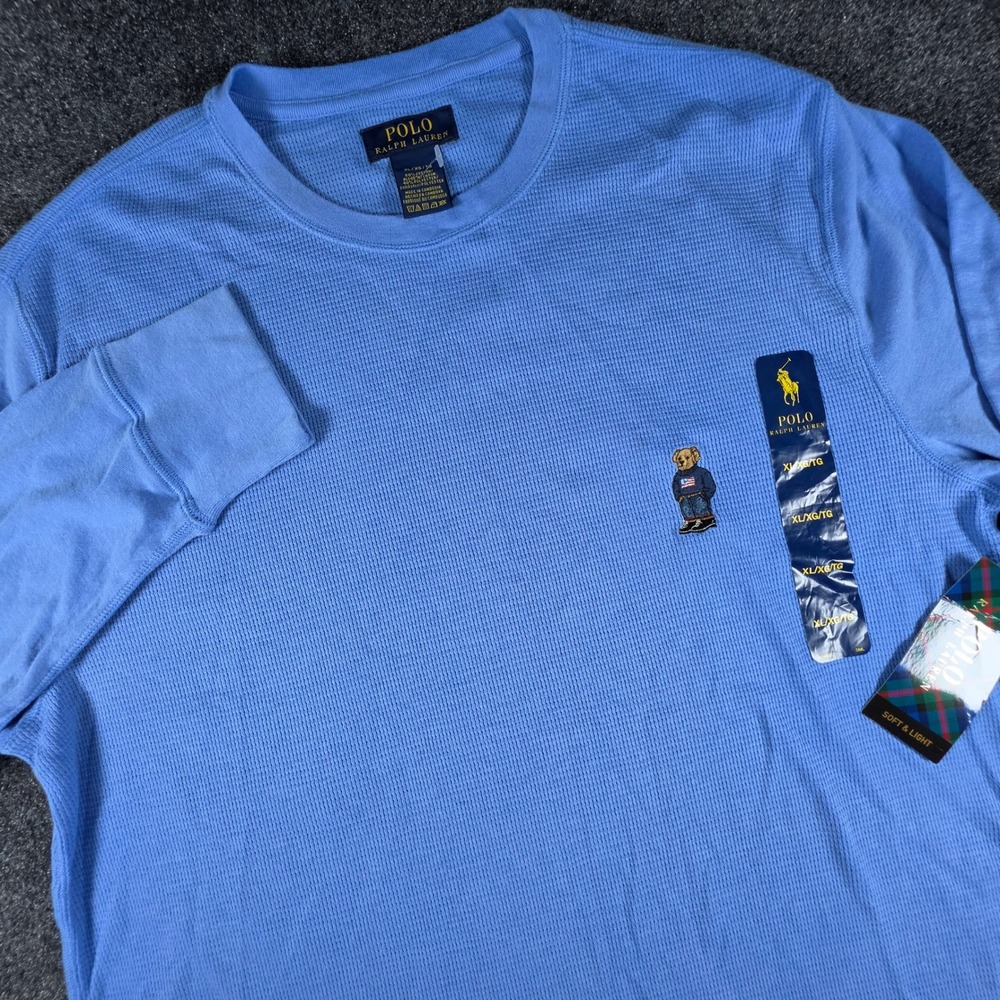 Polo Ralph Lauren Waffle Knit Thermal Mens XL Blue Polo Bear Long Sleeve Shirt
